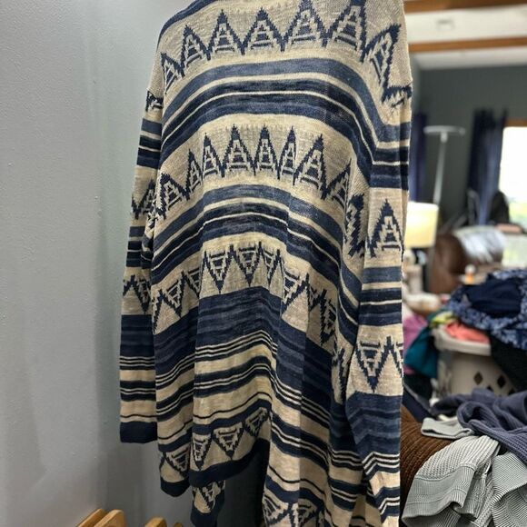 Chaps Open Cardigan Sweater Size Large Blue Cream Tribal Print - Picture 6 of 8